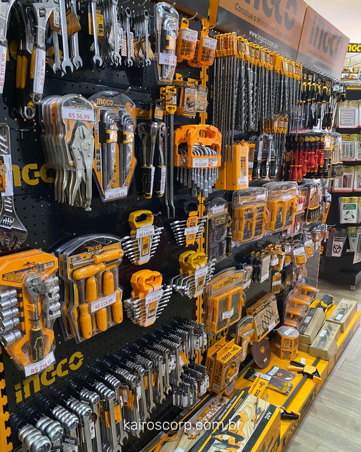 Hardware store display of hand tools and workshop equipment